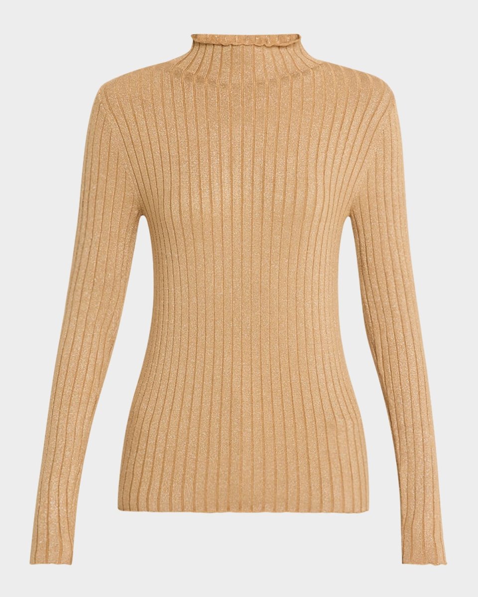 Metallic Long Sleeve Rib Mock-Neck Top
